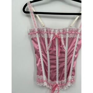 Fredericks of Hollywood Pink Satin Lace Corset Top White Boning Coquette Bows